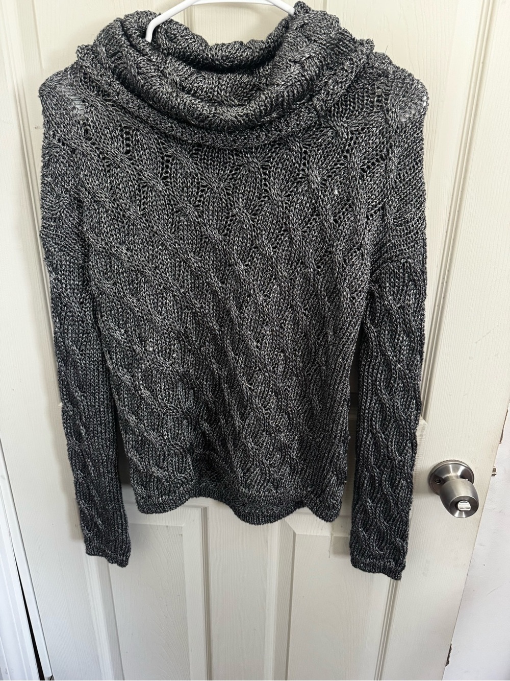 Alice + Olivia Cowl Neck Cable Knit Sweater Metallic Gray
